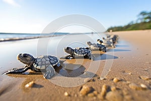 freshly hatched turtle babies crawling towards sea