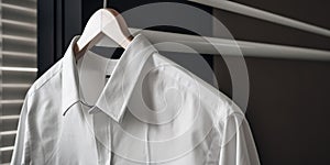 A freshly ironed shirt hangs crisply on a hanger its smooth fabric devoid of any wrinkles or creases, concept of