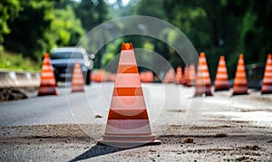 Freshly laid asphalt road marked by vibrant orange traffic cones signaling ongoing construction work in a lush green suburban area