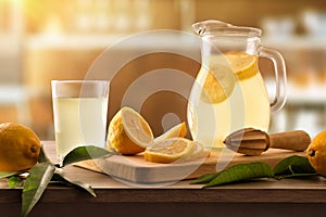 Freshly lemon juice with utensils on wooden kitchen bench front