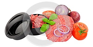 Freshly Made Beefburgers With Press And Ingredients