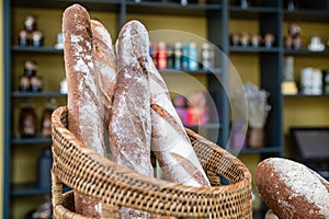 Freshly made bread in bakery. Whole grain organic loaf beautiful delicious french style baguette handmade golden brown.