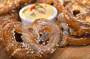 Freshly made German style pretzel with a cheddar cheese spread