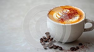 Delicious Latte with Foam and Coffee Beans on a Light Background photo