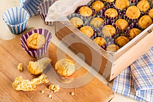 Freshly made muffins on kitchen table