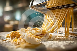 Freshly made pasta strands being cut and falling from a pasta machine onto a floured surface in a warm, rustic kitchen environment