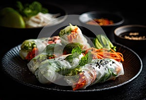 Fresh Vietnamese Spring Rolls Appetizer on a Dark Plate