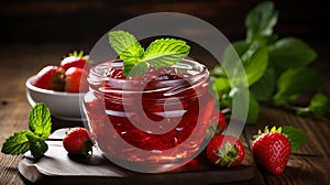 Freshly made strawberry jam with ripe red strawberries and a spread on a slice of golden toast