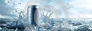 Freshly opened silver can of soda or beer with water splash on blue background
