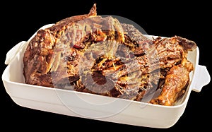 Freshly Oven Baked Gourmet Lamb Shoulder With Bacon Rahers In White Porcelain Casserole Dish Isolated On Black Background