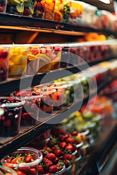 Freshly packed fruit assortments in plastic cups on wooden shelves, with strawberries front and center. Conveys a rustic