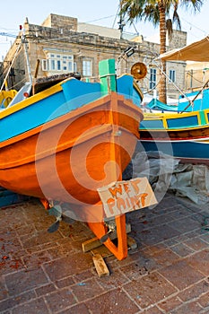 Freshly painted luzzu boat, Malta island