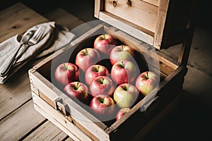 Freshly picked apples in a rustic wooden crate