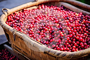 a freshly picked basket full of coffee cherries