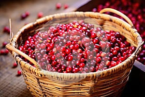 a freshly picked basket full of coffee cherries