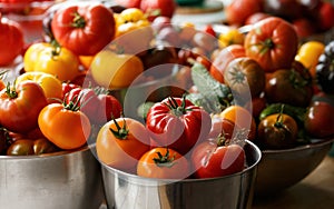 Freshly picked beefsteak tomato Harvest on kitchen top
