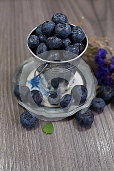 Freshly picked blueberries in a metal pail - Juicy and fresh blueberries - Blueberry antioxidant.