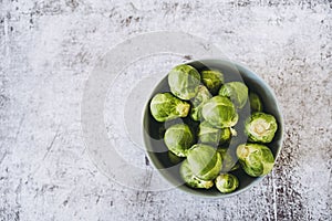 Freshly picked Brussels sprouts in vegetable garden in ceramic bowl