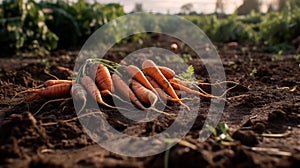 Freshly picked carrots on the soil in a field of a farm, agriculture and vegetables farming concept. Generative AI