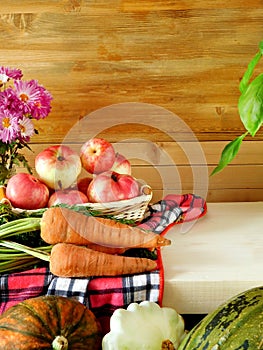 Freshly picked harvest of different autumn vegetables and fruit