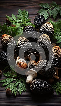 Freshly picked morels mushrooms decorated with fresh herbs lying on a wooden table. Rustic still life with edible mushrooms.