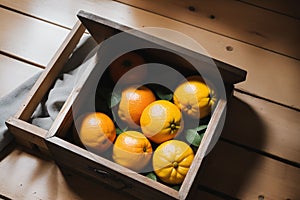 Freshly picked oranges in a rustic wooden box