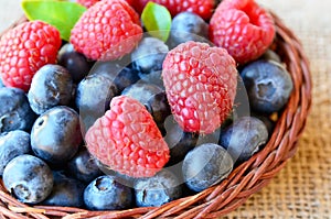Freshly picked organic raspberries and blueberries in a basket on a burlap background.Blueberry and raspberry.