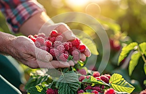 Freshly picked organic raspberries in hand of farmer. Summer harvest. Raspberry harvesting. Healthy berries