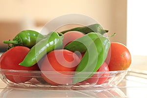 Freshly picked organic tomatoes and Anaheim Peppers