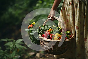 Freshly picked organic vegetables in a wicker basket from the garden. Peppers, tomatoes, and herbs.