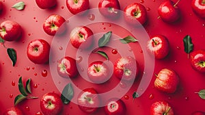 Freshly picked red apples with green leaves with water drops on red background. Top view. Creative food banner