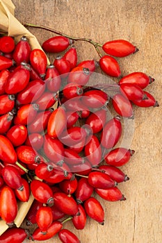 Freshly picked rose hips on the wooden table. Rose hip commonly known as rose hip Rosa canina