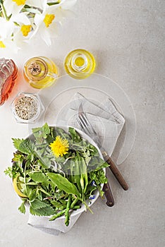 Freshly picked of Spring herbs and plants