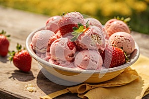 freshly picked strawberries ice cream on colorful outdoor background. Fresh fruits.