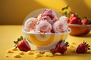 freshly picked strawberries ice cream on colorful outdoor background. Fresh fruits.