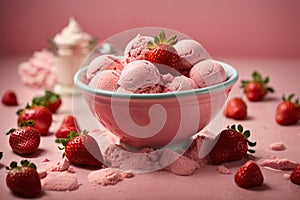 freshly picked strawberries ice cream on colorful outdoor background. Fresh fruits.