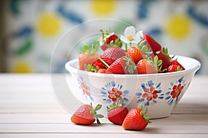 freshly picked strawberries in a white ceramic bowl