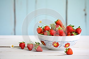 freshly picked strawberries in a white ceramic bowl