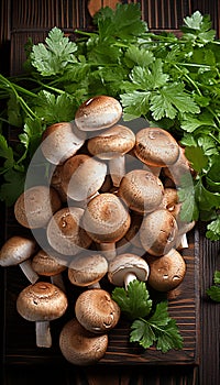 Freshly picked true mushrooms decorated with fresh herbs lying on a wooden table. Rustic still life with edible mushrooms.