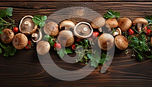 Freshly picked true mushrooms decorated with fresh herbs lying on a wooden table. Rustic still life with edible mushrooms.