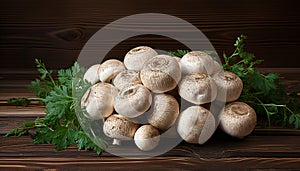 Freshly picked true mushrooms decorated with fresh herbs lying on a wooden table. Rustic still life with edible mushrooms.