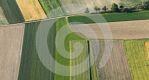 Freshly plowed and sowed farming land from above photo