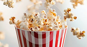 Flying Popcorn Exploding from Classic Red Striped Container (Generative AI).