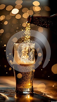 Freshly Poured Glass of Beer with Bubbles and Foam Isolated on Black Background
