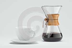 Freshly prepared black coffee in chemex pour over coffee maker Alternative ways of brewing coffee. 3d rendering photo