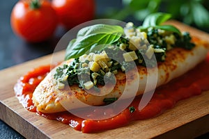 Premium Dish: Chicken Breast, Spinach-Artichoke Filling & Tomato Sauce in 10 Words photo