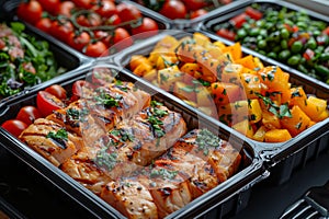Freshly prepared grilled chicken and vegetable meals in plastic containers