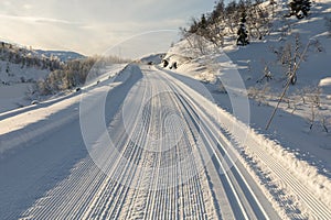Freshly prepared ski tracks in the mountains in Setesdal, Norway