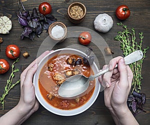 Freshly prepared tomato soup with basil, garlic and onion, thyme and seasonings, in a white plate, girl scooped up a spoon, on