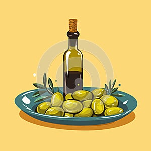 Freshly pressed olive oil bottle and olives vector illustration. Olive oil icon